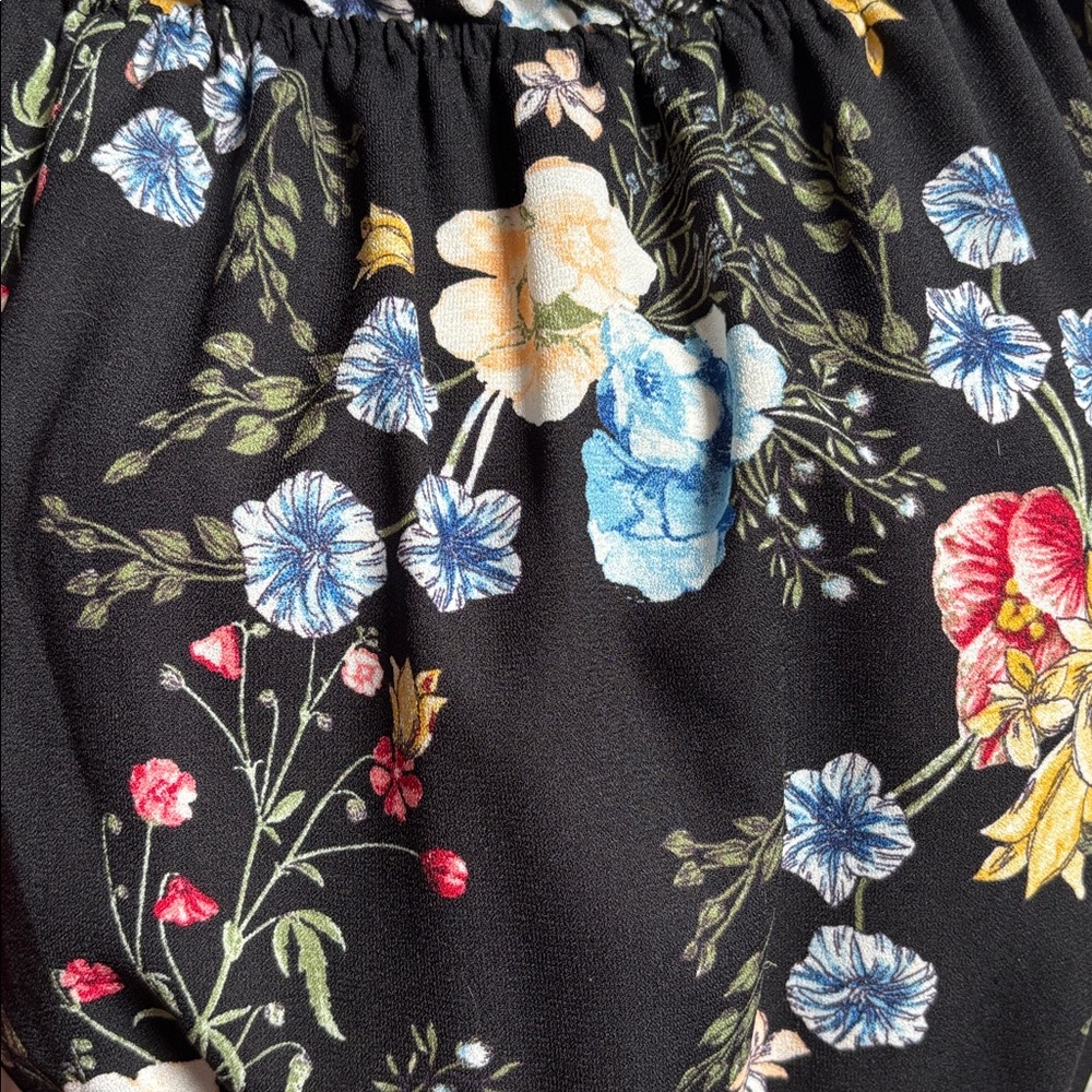BeBop Black Floral Off Shoulder Ruffle High Low Jumpsuit Size Jr Medium - Picture 10 of 10